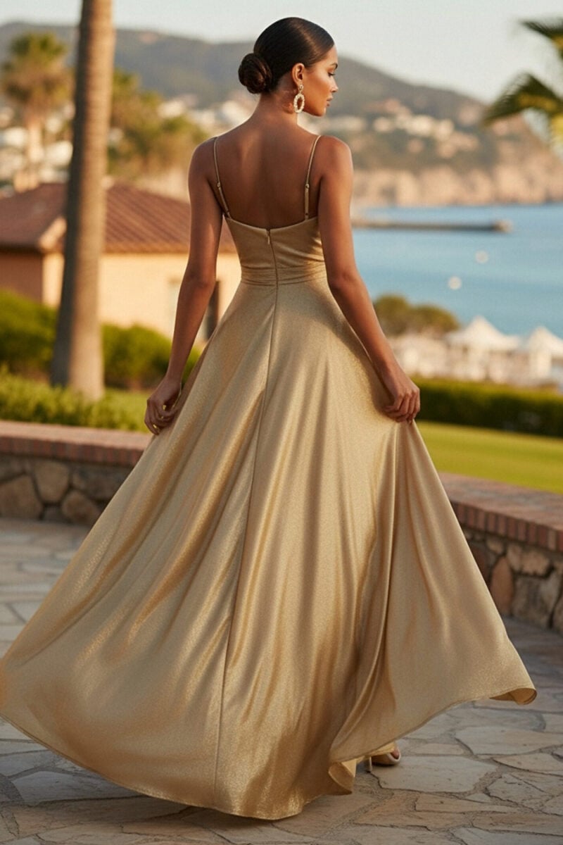 Gold Charmeuse Cowl Neck Spaghetti Strap Slit Maxi Dress