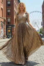 Gold Metallic Pleated Maxi Dress with Tie-Shoulder Straps