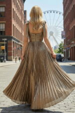 Gold Metallic Pleated Maxi Dress with Tie-Shoulder Straps