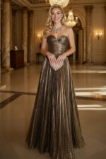 Gold Metallic Sunburst Pleated Sweetheart Backless Maxi Gown