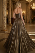 Gold Metallic Sunburst Pleated Sweetheart Backless Maxi Gown