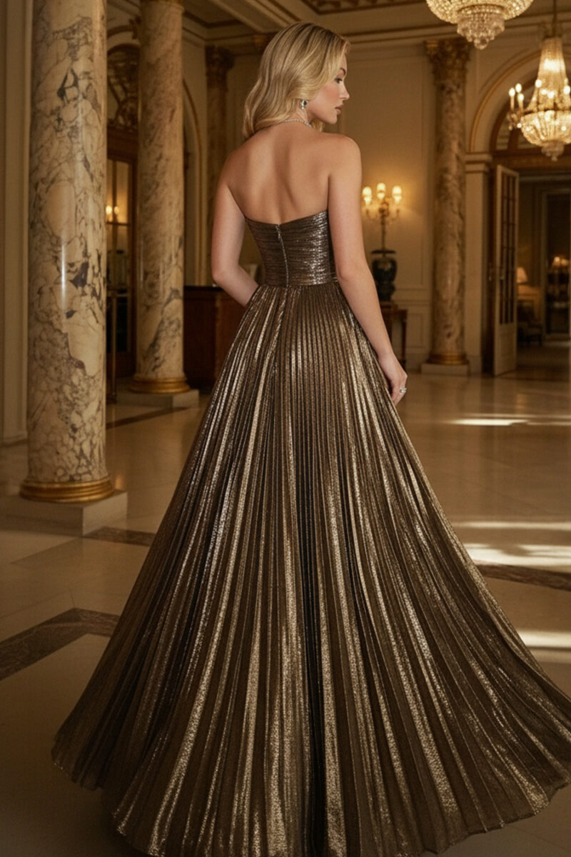 Gold Metallic Sunburst Pleated Sweetheart Backless Maxi Gown