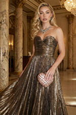 Gold Metallic Sunburst Pleated Sweetheart Backless Maxi Gown
