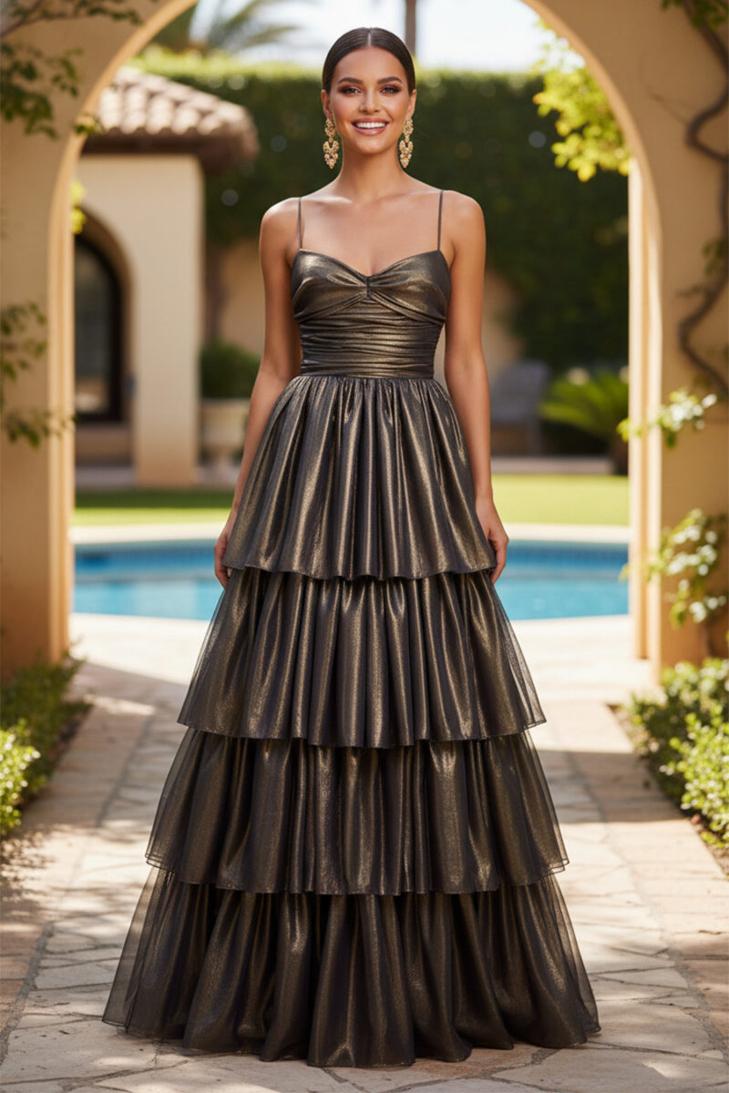 Robe en mousseline de soie à volants avec corsage froncé en forme de cœur, pailletée d'or Robe en mousseline de soie à volants avec corsage froncé en forme de cœur, pailletée d'or