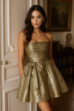 Gold Jacquard Strapless Party Dress with Front Bow