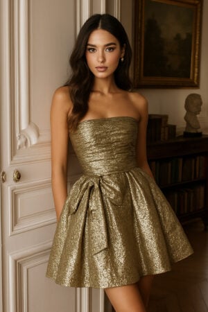 Gold Jacquard Strapless Party Dress with Front Bow