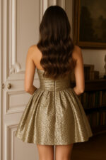Gold Jacquard Strapless Party Dress with Front Bow
