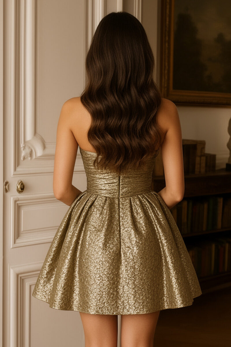 Gold Jacquard Strapless Party Dress with Front Bow