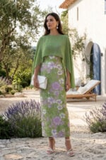 Green Jacquard Chiffon Column Evening Dress with Shawl Overlay