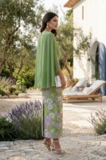 Green Jacquard Chiffon Column Evening Dress with Shawl Overlay