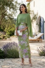 Green Jacquard Chiffon Column Evening Dress with Shawl Overlay
