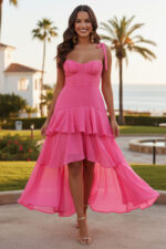 Hot Pink Chiffon High-Low Tiered Dress
