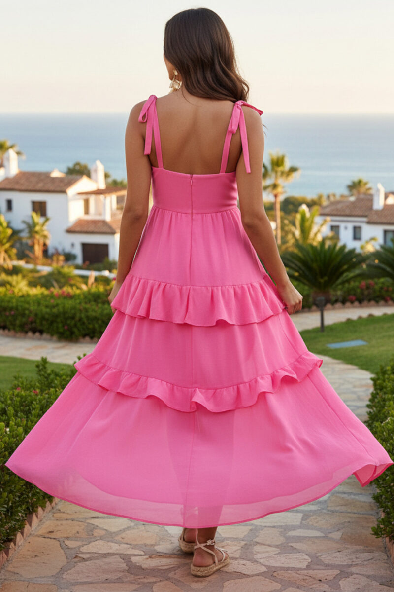 Hot Pink Chiffon High-Low Tiered Dress