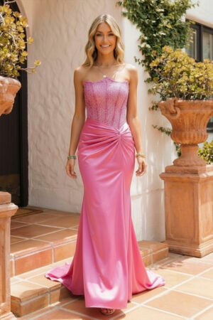 Hot Pink Rhinestone Corset Charmeuse Mermaid Prom Dress