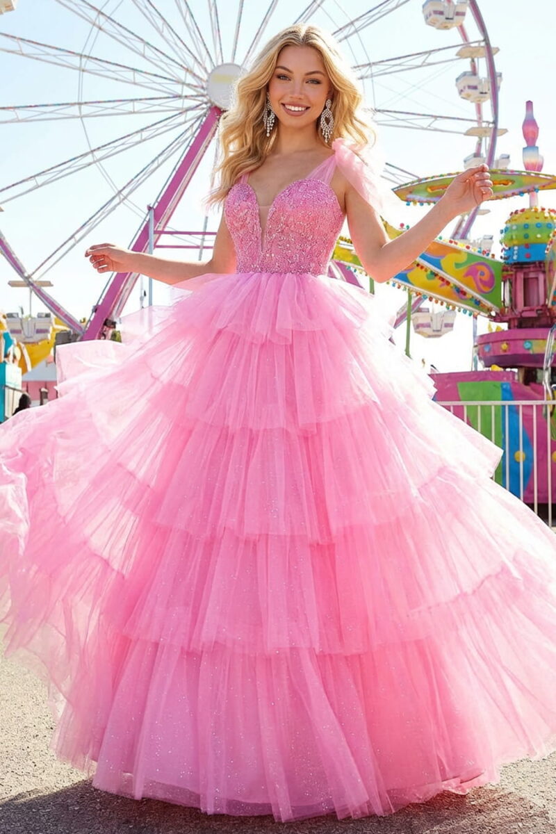 Hot Pink Glitter Tulle Tiered Prom Gown with Embroidered Bodice Hot Pink Glitter Tulle Tiered Prom Gown with Embroidered Bodice