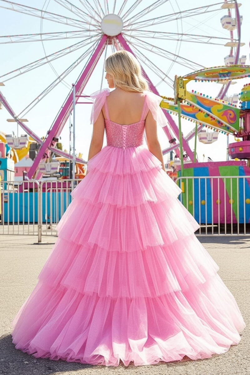 Hot Pink Glitter Tulle Tiered Prom Gown with Embroidered Bodice