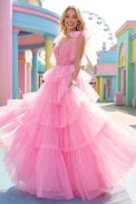 Hot Pink Glitter Tulle Tiered Prom Gown with Embroidered Bodice