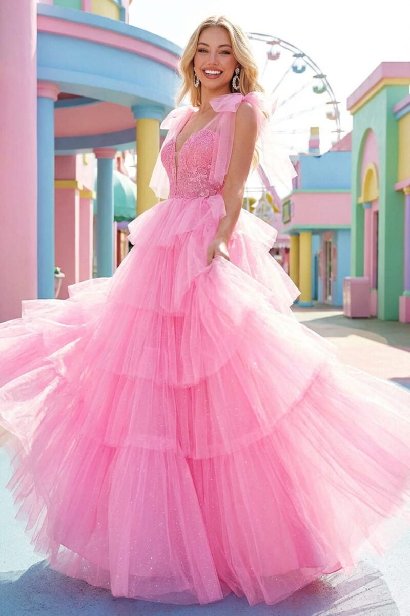 Hot Pink Glitter Tulle Tiered Prom Gown with Embroidered Bodice