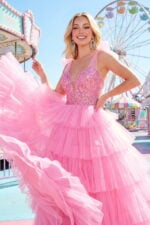 Hot Pink Glitter Tulle Tiered Prom Gown with Embroidered Bodice