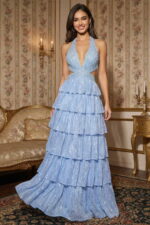 Robe de bal de fin d'année en mousseline de soie pailletée et nouée à la taille, bleu glacier