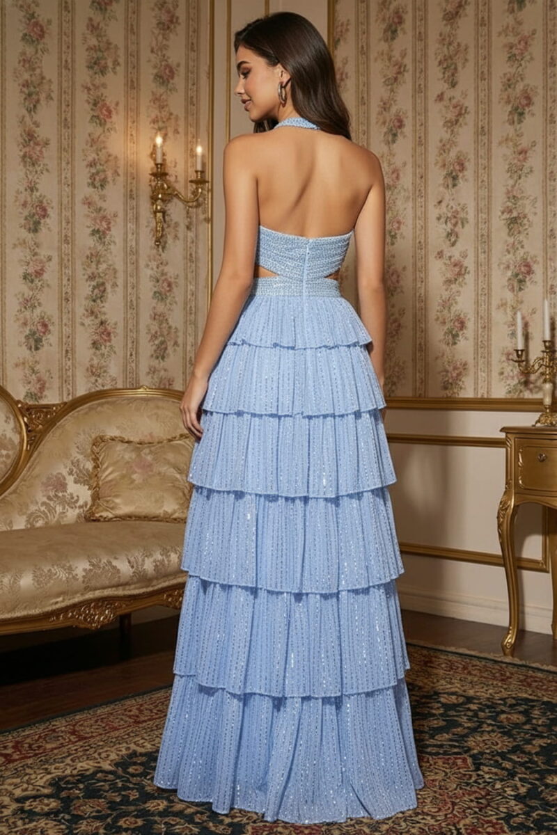 Robe de bal de fin d'année en mousseline de soie pailletée et nouée à la taille, bleu glacier