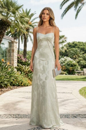 Sage Green Butterflies & Floral Jacquard Sheath Prom Gown