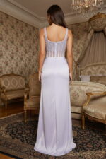Robe de bal de fin d'année à corset embelli de strass lavande avec jupe fendue froncée