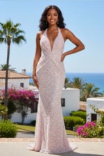 Blush Pink V Neck Sequin Beaded Backless Prom Dress