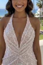 Blush Pink V Neck Sequin Beaded Backless Prom Dress