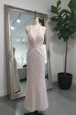 Blush Pink V Neck Sequin Beaded Backless Prom Dress