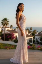 Blush Pink V Neck Sequin Beaded Backless Prom Dress