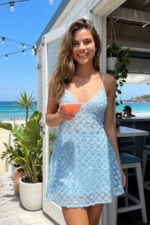 Light Sky Blue Embroidery Sequin V-neck Mini Party Dress