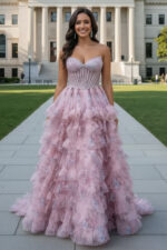 Fliederfarbenes Abendkleid aus Tüll mit Rüschen und Perlenkorsett