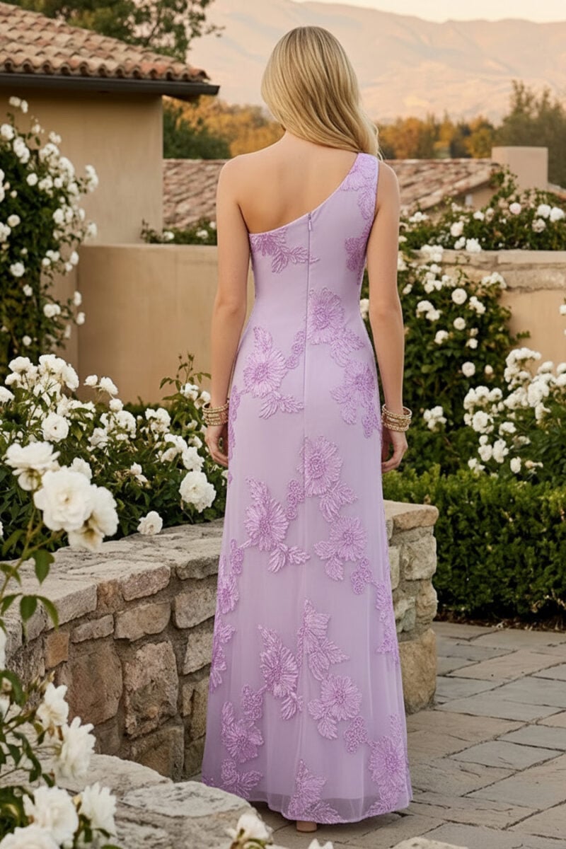 Lilac Floral Embroidery One Shoulder Side Slit Mesh Black Tie Dress