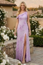 Lilac Floral Embroidery One Shoulder Side Slit Mesh Black Tie Dress