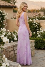 Lilac Floral Embroidery One Shoulder Side Slit Mesh Black Tie Dress
