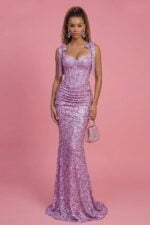 Lilac Sequin Corset Mermaid Gown with Lace-Up Back