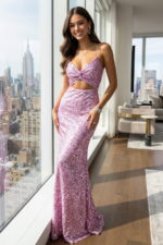 Lilas - Robe longue sirène à découpes en paillettes avec corsage torsadé