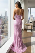 Lilas - Robe longue sirène à découpes en paillettes avec corsage torsadé