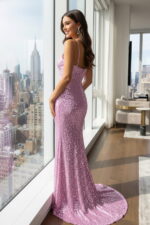 Lilas - Robe longue sirène à découpes en paillettes avec corsage torsadé