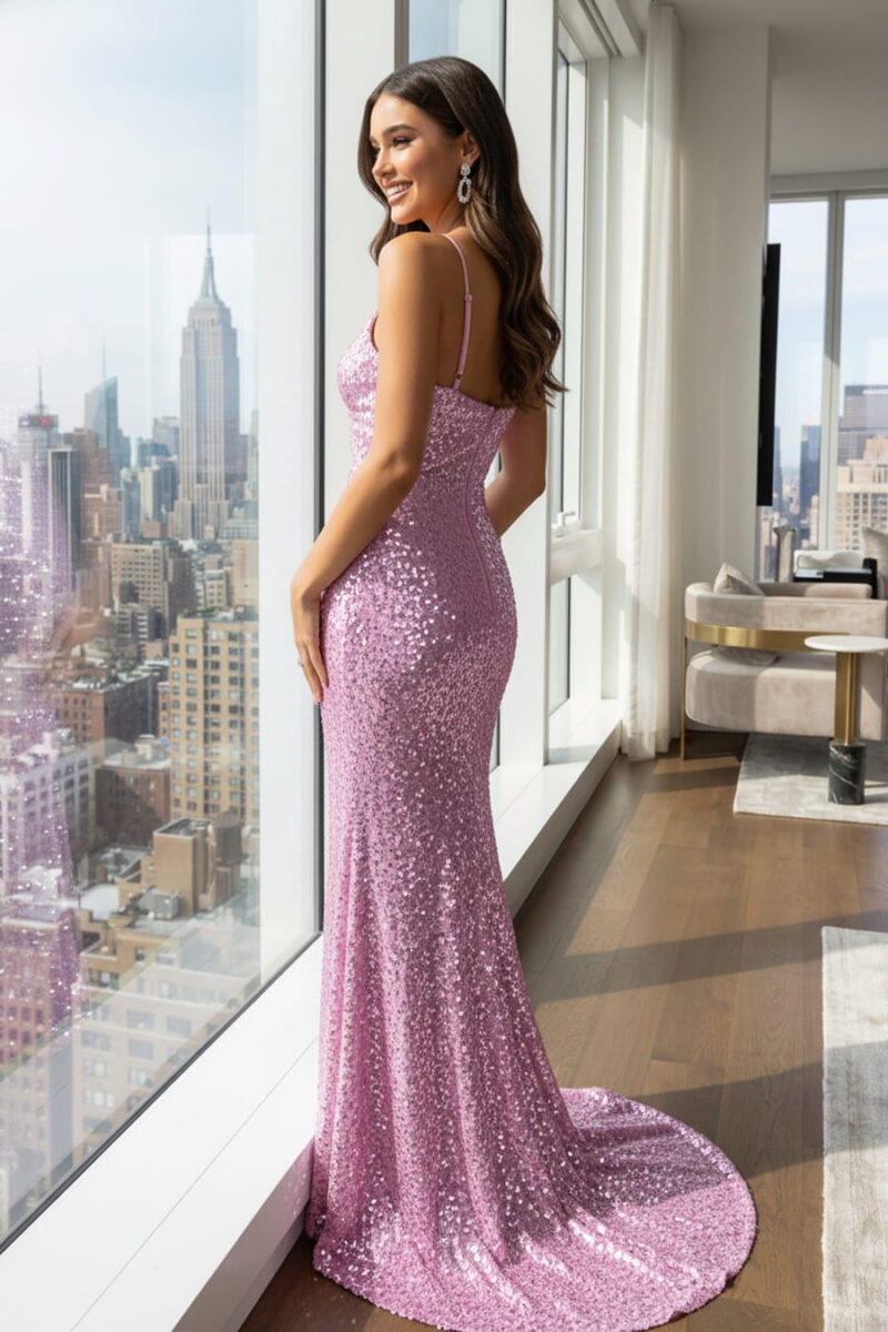 Lilas - Robe longue sirène à découpes en paillettes avec corsage torsadé