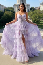 Lilac Floral Tiered Tulle Prom Dress