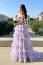 Lilac Floral Tiered Tulle Prom Dress