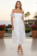 White Off-the-Shoulder Floral Lace Midi Dress with Puff Sleeves