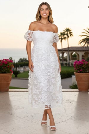 White Off-the-Shoulder Floral Lace Midi Dress with Puff Sleeves (Robe midi en dentelle florale à épaules découvertes et manches bouffantes)