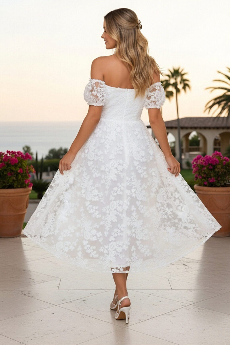 White Off-the-Shoulder Floral Lace Midi Dress with Puff Sleeves