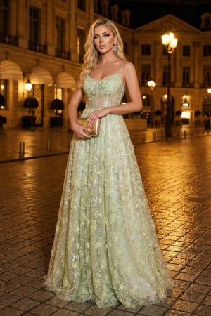 Pailletten & Blumen besticktes Korsett Mintgrünes Ballkleid