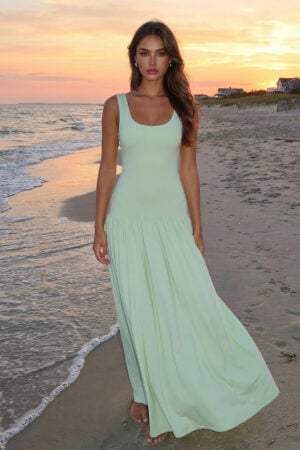 Mint Green Scoop Neck Drop-Waist Maxi Dress