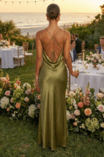 Olive Green Lace-Trimmed Satin Backless Slip Dress