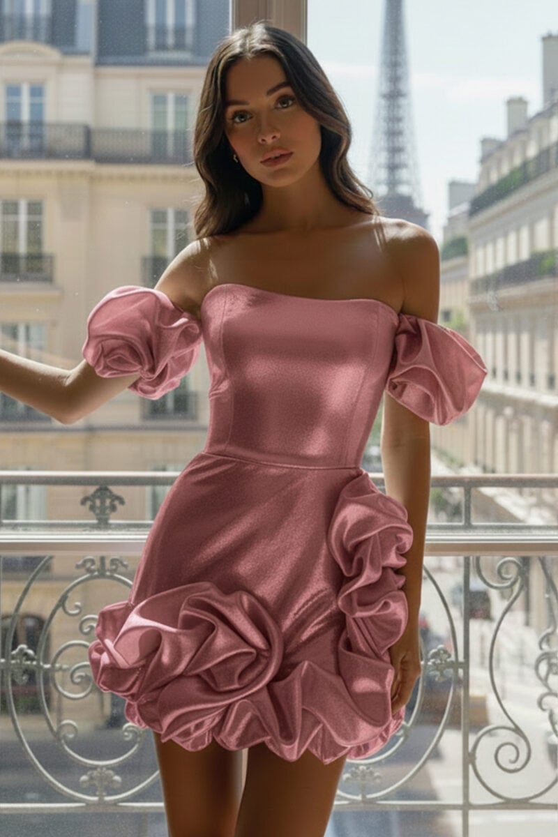 Pink Strapless Mini Dress with Detachable Puff Sleeve Pink Strapless Mini Dress with Detachable Puff Sleeve